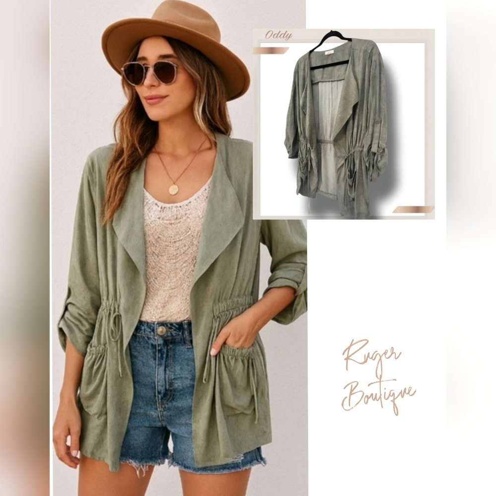 🌿ODDY Women's Small Olive Green Lightweight Jacket with Tied Waist-CUTE!